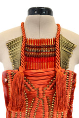 Iconic Spring 2011 Gucci by Frida Giannini Runway Look 41 Burnt Orange Silk Cord, Brass & Feather Dress