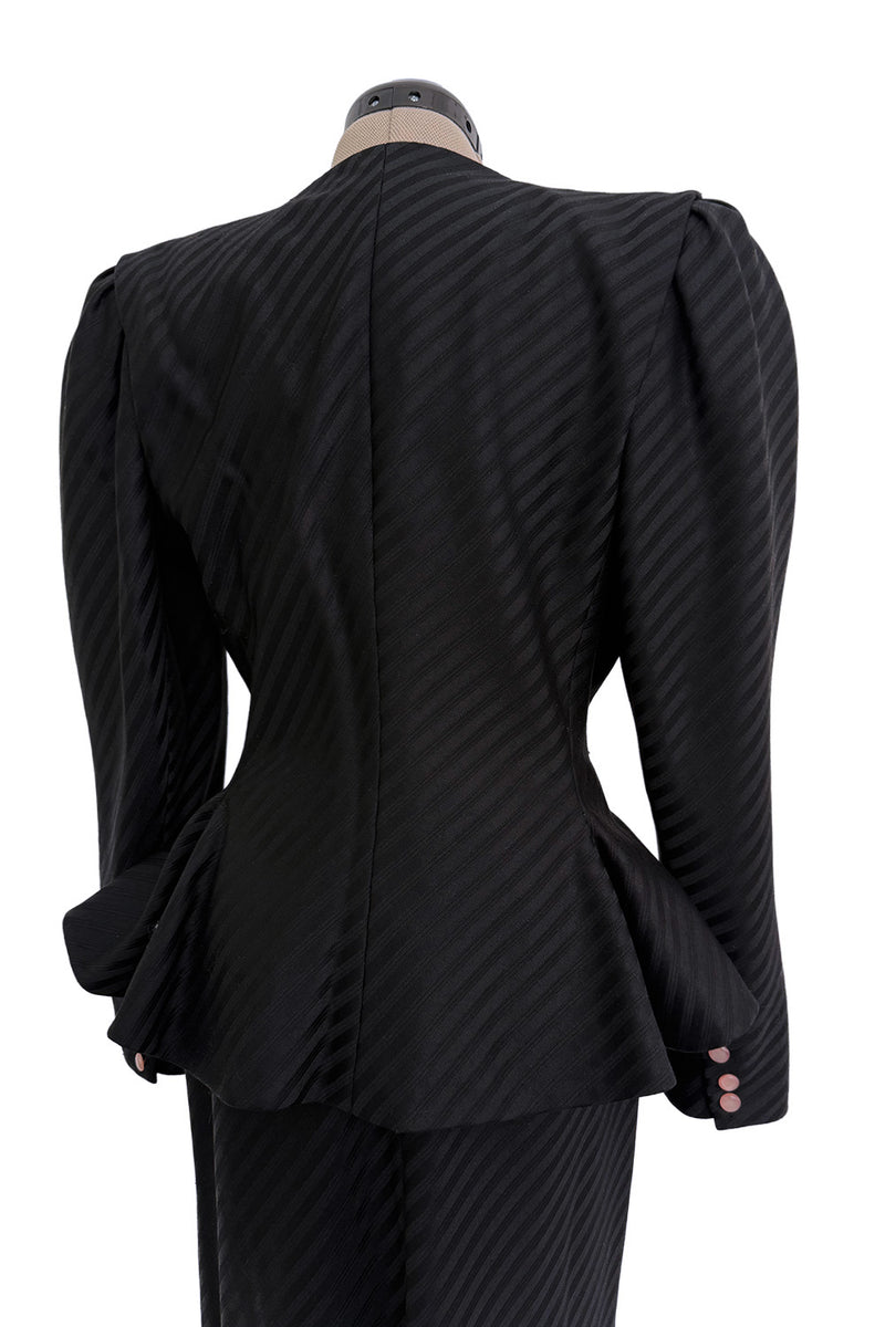 Fantastic Spring 1984 Emanuel Ungaro Haute Couture Black Stripe Jacket & Skirt Suit + Pink Camisole