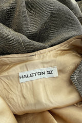 Chic 1970s Halston Deep Metallic Gold Lame Lurex Full Length Caftan Dress w Notched Neckline