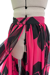 Multifunctional 1970s or 1980s Original Valentino Deep Pink & Black Printed Silk Chiffon Open Front Over Skirt