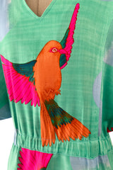 Prettiest 1970s Hanae Mori Green & Tropical Bird Printed Caftan Dress w Curved Sleeves
