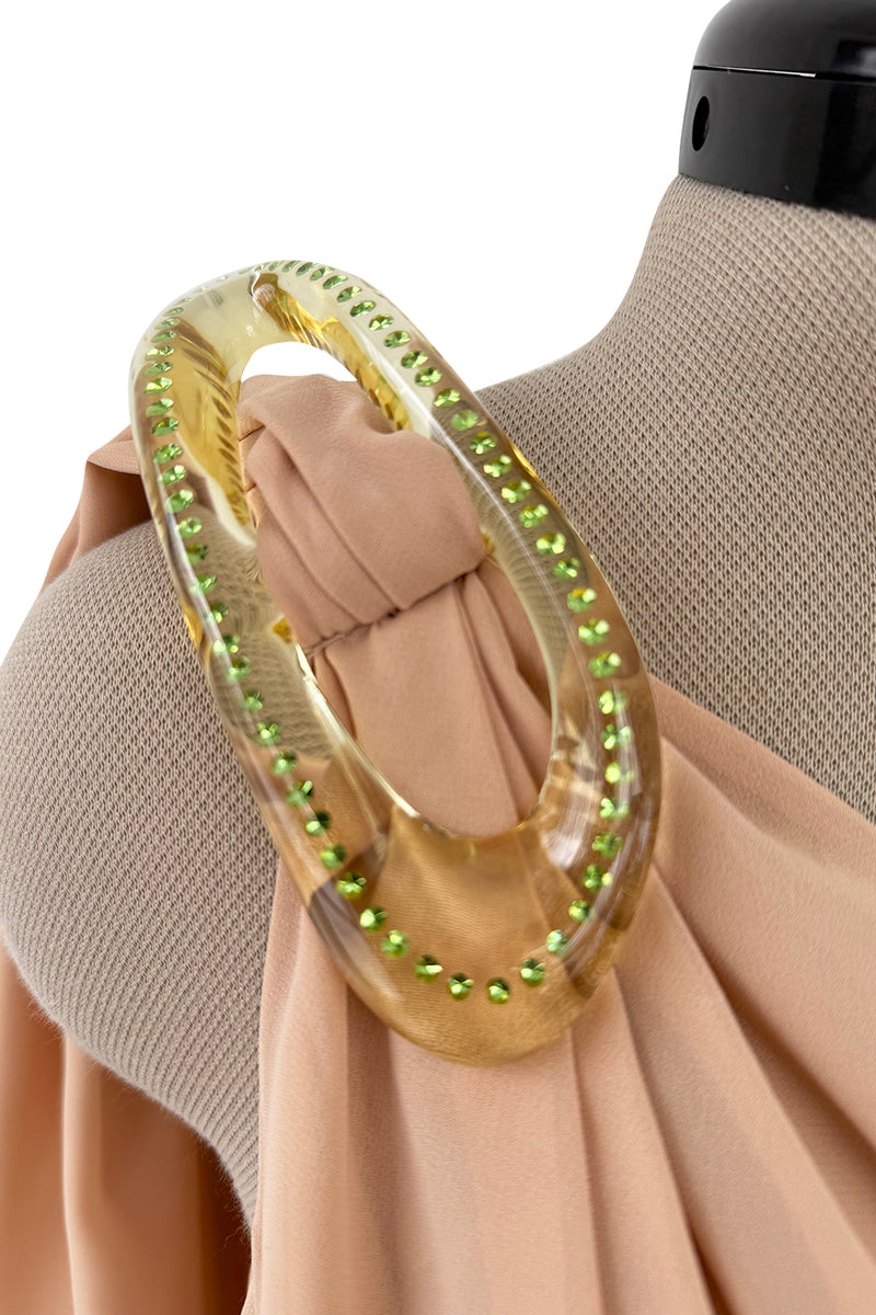 Spectacular Spring 2000 Thierry Mugler Runway Nude Chiffon One Shoulder Dress w Acrylic Detail