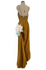 Stunning 1968 Mr Blackwell Custom Deep Copper Gold Silk Dress w Hip Swag & Flower Pin