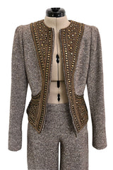 Documented & Rare Fall 2004 Alexander McQueen Tweed Pant Suit w Elaborately Embellished Jacket