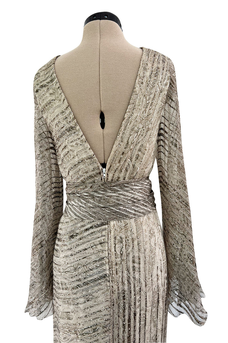 Exceptional 1970s George Stavropoulos Couture Bias Cut Grey Ribbon Silk Chiffon Dress w Sash