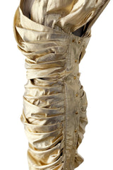 Museum Held 1986 Thierry Mugler Gold Feather Light Lame Dress w Gathered Sides