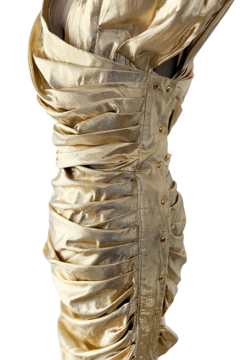 Museum Held 1986 Thierry Mugler Gold Feather Light Lame Dress w Gathered Sides