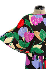 Prettiest 1970s Mr Blackwell Custom Black Jersey Dress w Bright Print & Sequin Detailing