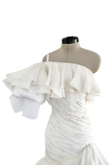 Spring 1988 Emanuel Ungaro Haute Couture Ivory Silk, Silk Net & Dotted Tulle One Shoulder Trained Mini Dress