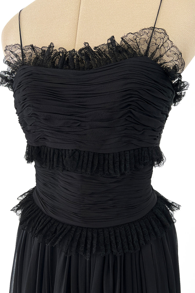 Prettiest 1992 Chanel by Karl Lagerfeld Black Silk Chiffon Dress w Black Lace Detailing