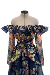Prettiest 1960s Oscar de la Renta Metallic Thread Detailed Silk Organza Printed Off Shoulder Dress