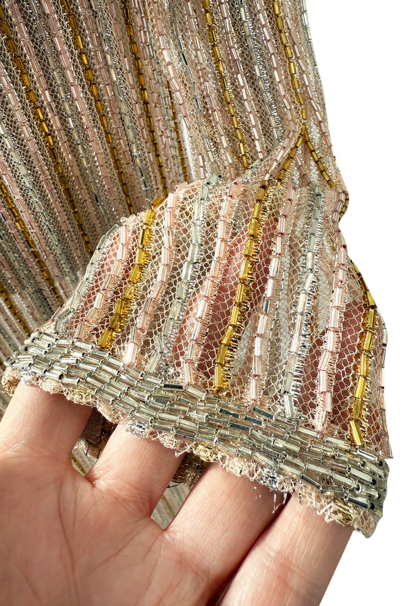 Gorgeous 1980s Unlabeled Fernando Pena Metallic Gold Thread & Pink Bead Sequin & Net Dress