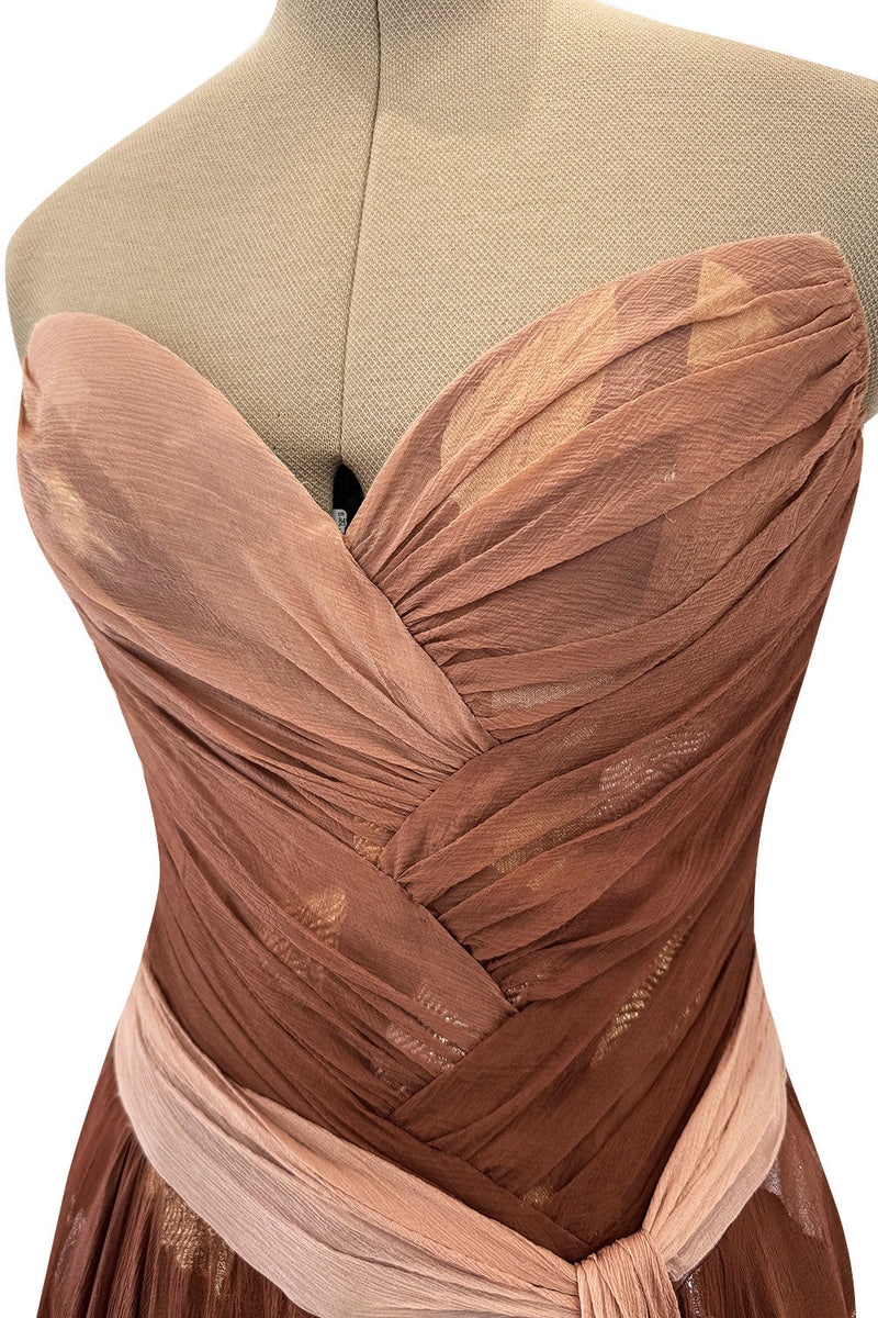 Prettiest Fall 1989 Bob Mackie Runway Silk Chiffon w Metallic Leaf Print Underlay Strapless Dress