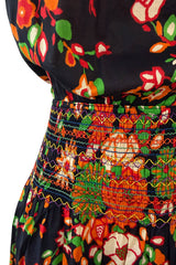 Wonderful c.1974 Yves Saint Laurent Brilliant Floral Print Strapless Cotton Dress w Top Stitched Gathers