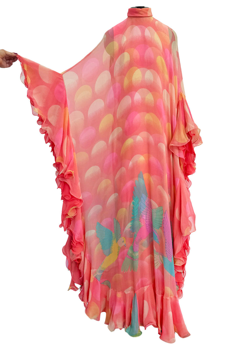 Hanae Mori Couture Fall 1973 Runway Pastel Coral Bird Print Silk Chiffon Ruffled Caftan Dress