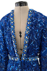 Documented 1970 Oscar de la Renta Brilliant Blue Sequin & Rhinestone Plunge Dress