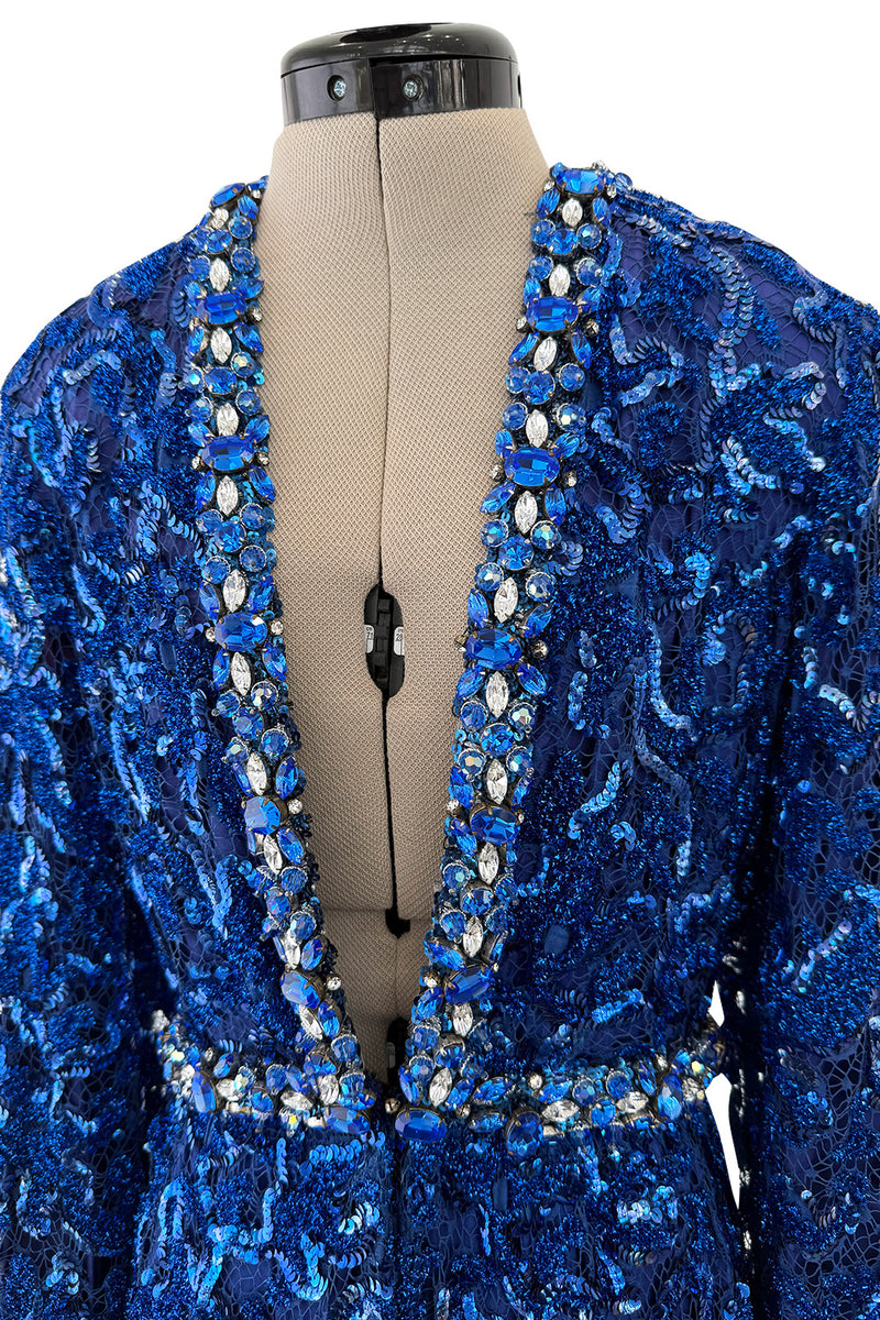 Documented 1970 Oscar de la Renta Brilliant Blue Sequin & Rhinestone Plunge Dress