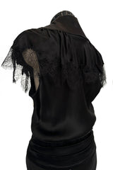 Iconic Fall 2005 John Galliano Black Silk Bias Cut Dress w Plunge Front & Lace Trimmed Cap Sleeves