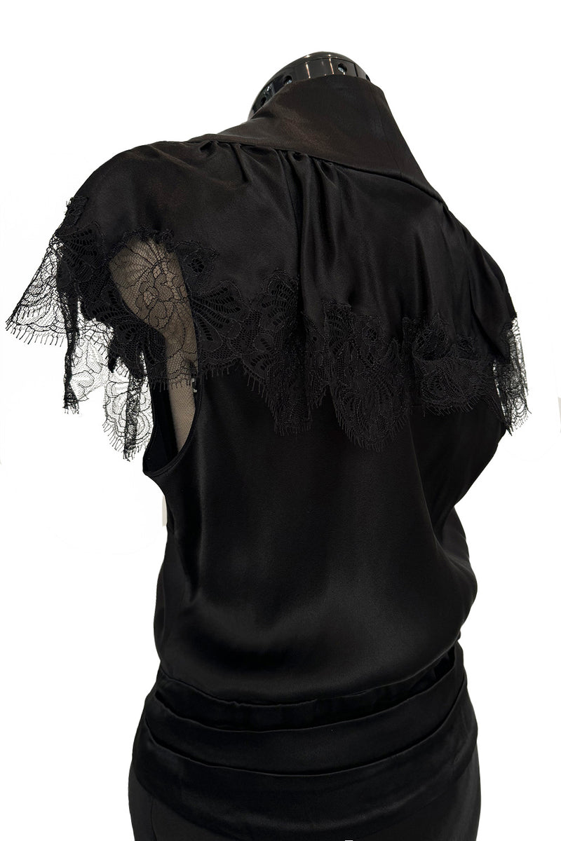 Iconic Fall 2005 John Galliano Black Silk Bias Cut Dress w Plunge Front & Lace Trimmed Cap Sleeves