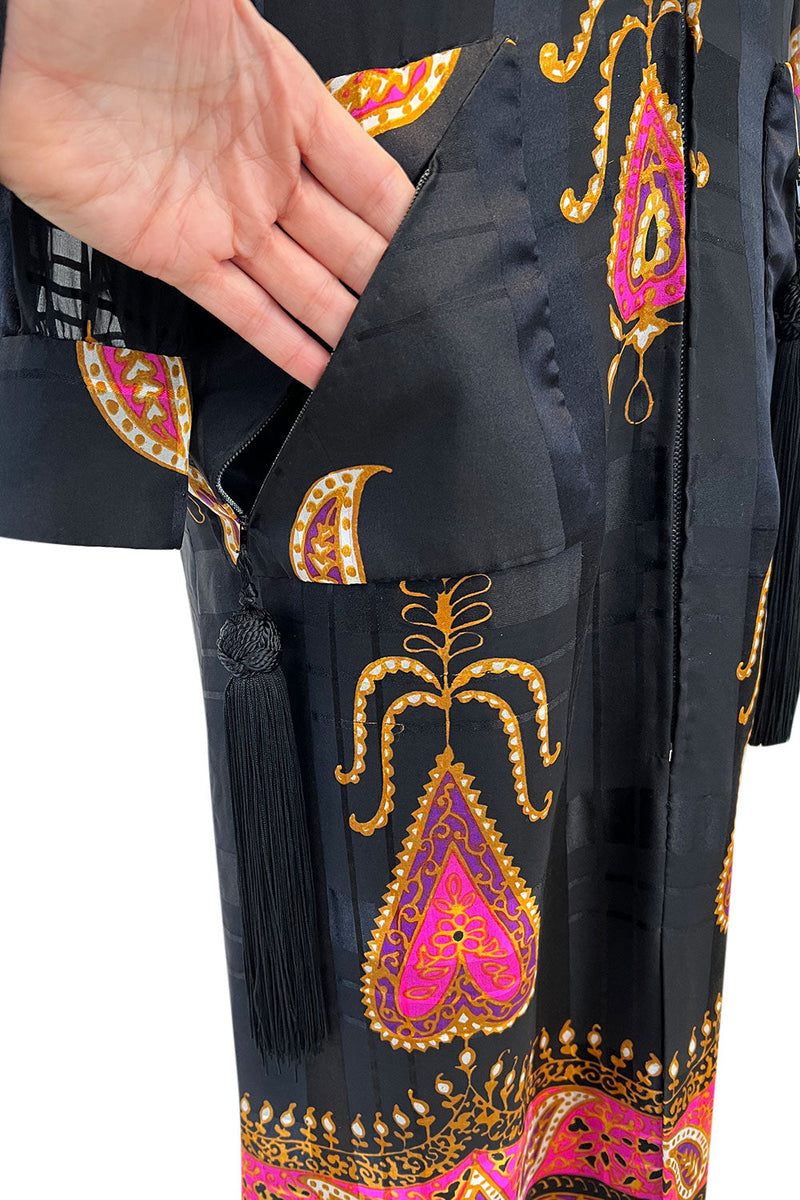 Documented Fall 1970 Valentino Printed Black Ribbon Silk Chiffon Dress w Huge Tassel Detail