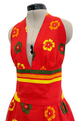 Gorgeous 1971-1972 Lanvin by Jules-Francois Crahay Floral Printed Coral Cotton Pique Backless Halter Dress