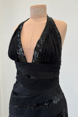 Versace Fall 2006 Black Silk & Sequin Plunge Dress - 14-14.5" W