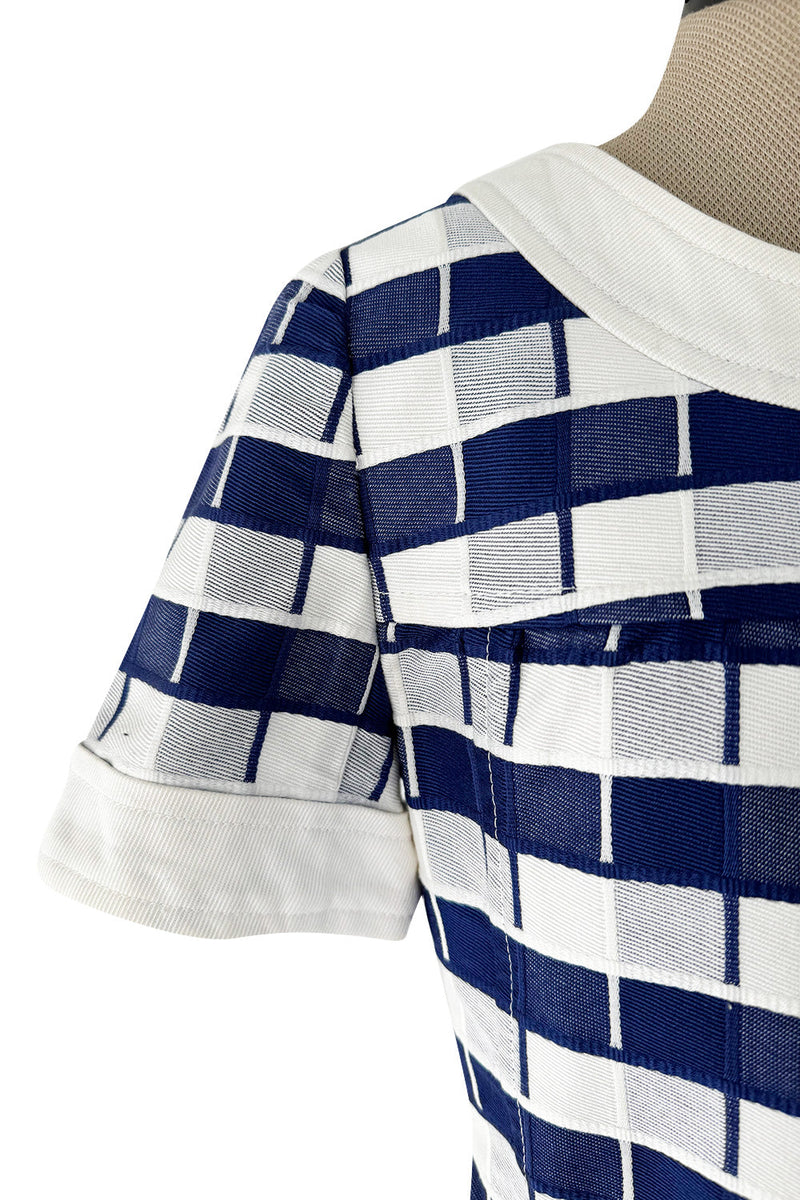 Cutest 1970s Andre Courreges Paris Numbered Hyperbole Blue & White Check Skirt & Jacket Suit Set