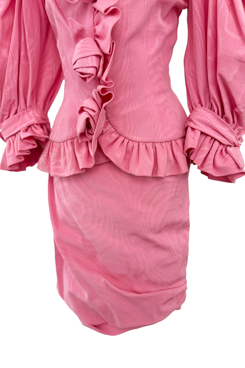 Phenomenal Spring 1988 Jean Louis Scherrer Haute Couture Pink Ruffle Suit w Balloon Sleeves