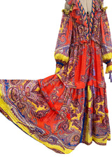 Recent Etro Gorgeous Printed Coral Ribbon Silk Chiffon Caftan Dress w Plunge Lace Up Neckline