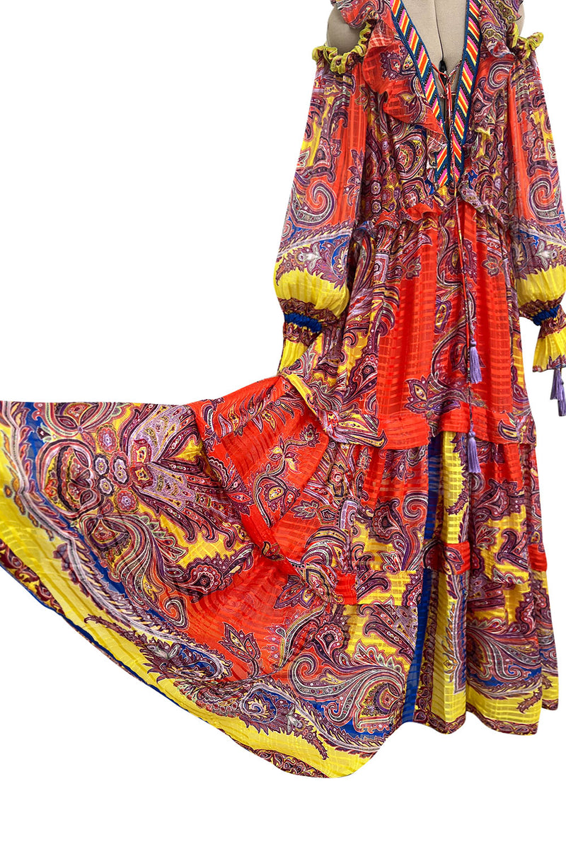 Recent Etro Gorgeous Printed Coral Ribbon Silk Chiffon Caftan Dress w Plunge Lace Up Neckline