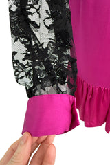Flapper Inspired 1980s Yves Saint Laurent Easy Fit Brilliant Pink Silk Dress w Black Floral Lace Sleeves