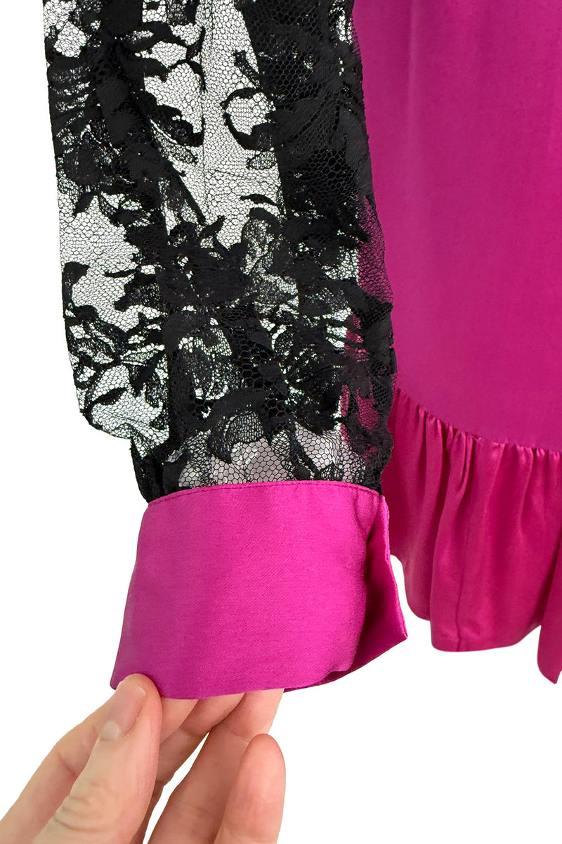 Flapper Inspired 1980s Yves Saint Laurent Easy Fit Brilliant Pink Silk Dress w Black Floral Lace Sleeves