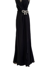 Beautiful 2000s Valentino Roma Black Bias Cut Silk Chiffon Dress w Front & Back Plunge & Silver Sequin Bow