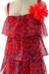 Gorgeous 1970s Givenchy Blue & Red Dot Tiered Silk Organza Ruffle Dress