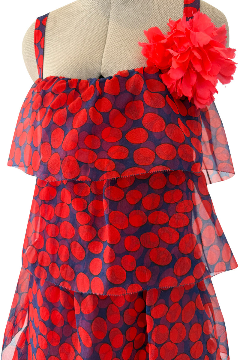 Gorgeous 1970s Givenchy Blue & Red Dot Tiered Silk Organza Ruffle Dress
