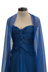 Prettiest Spring 1990 Oscar De La Renta Deep Sapphire Blue Silk Chiffon Strapless Dress w Matching Cape