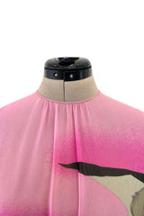 Romantic 1970s Hanae Mori Huge Pink Floral Print Silk Chiffon Dress w Grey Scale Backdrop