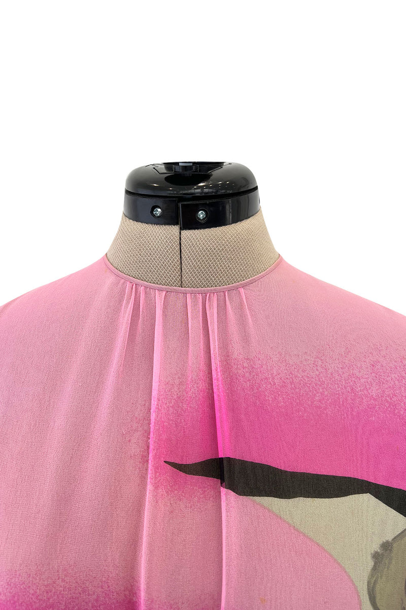 Romantic 1970s Hanae Mori Huge Pink Floral Print Silk Chiffon Dress w Grey Scale Backdrop