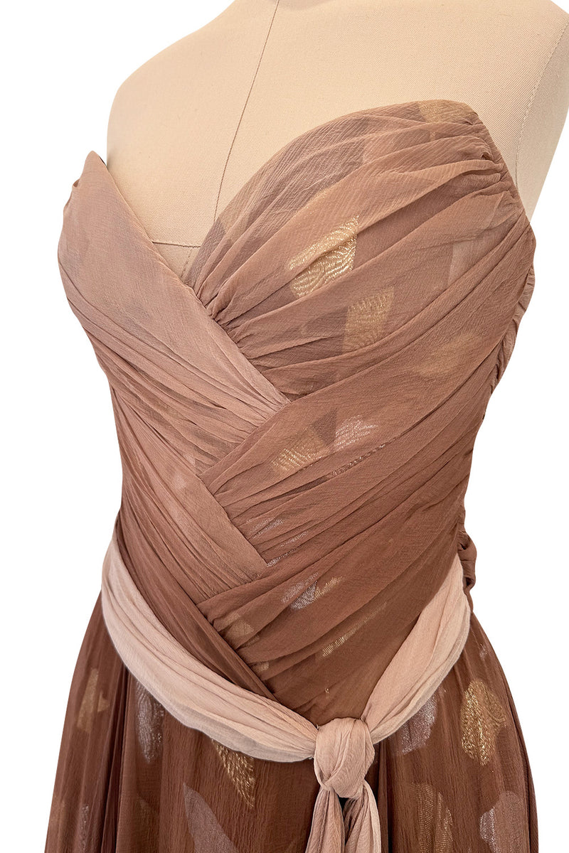 Dreamiest Fall 1989 Bob Mackie Runway Silk Chiffon w Metallic Leaf Print Underlay Strapless Dress