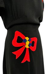 Gorgeous 1940s Unlabeled Black Crepe Dress w 3D Floral Detailed Bright Red Bow Appliques