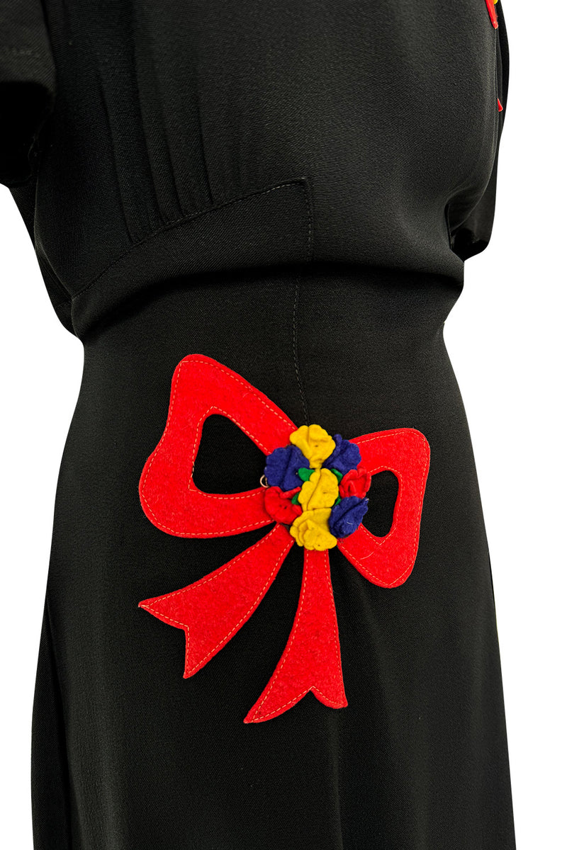 Gorgeous 1940s Unlabeled Black Crepe Dress w 3D Floral Detailed Bright Red Bow Appliques