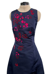 c2014 Christian Dior by Raf Simons Blue Silk Faille Dress w Pink Floral Embroidery & Beads