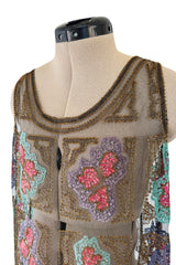 Intricate 1920s Unlabeled Gold Metallic Lame Thread & Sequin on Black Silk Net Flapper Dress