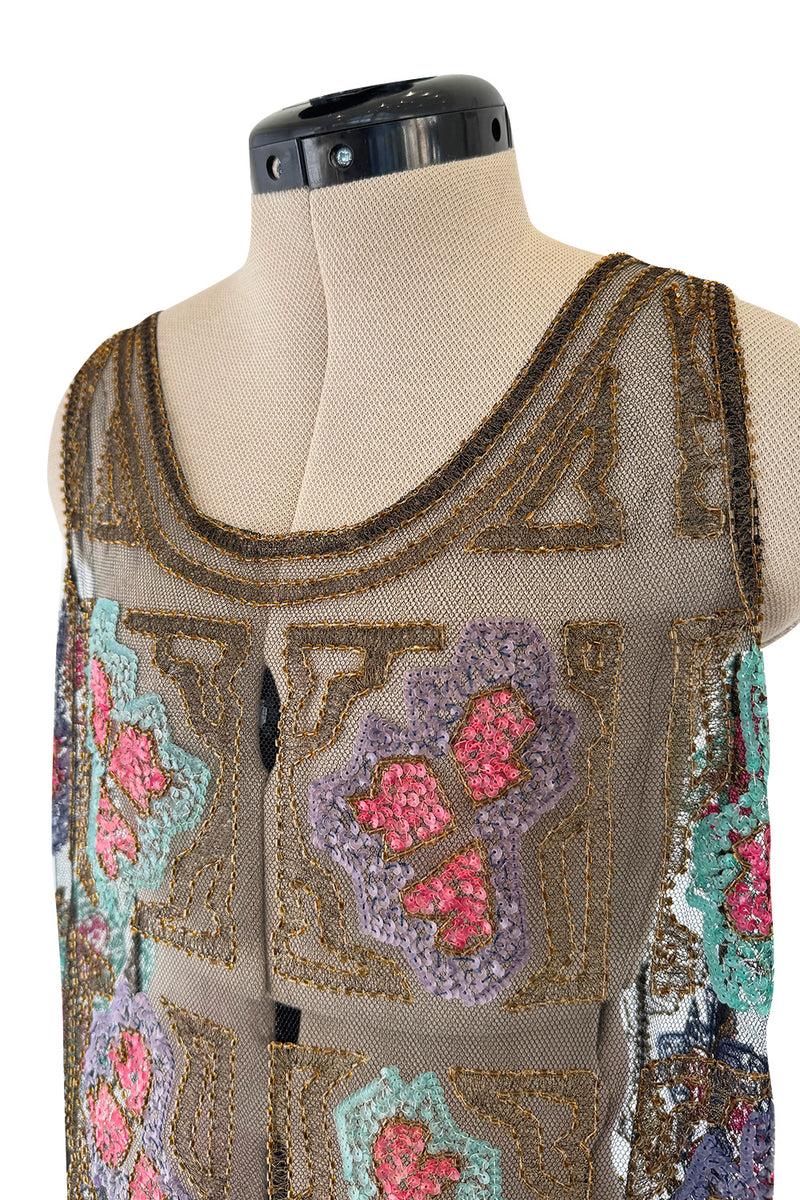 Intricate 1920s Unlabeled Gold Metallic Lame Thread & Sequin on Black Silk Net Flapper Dress