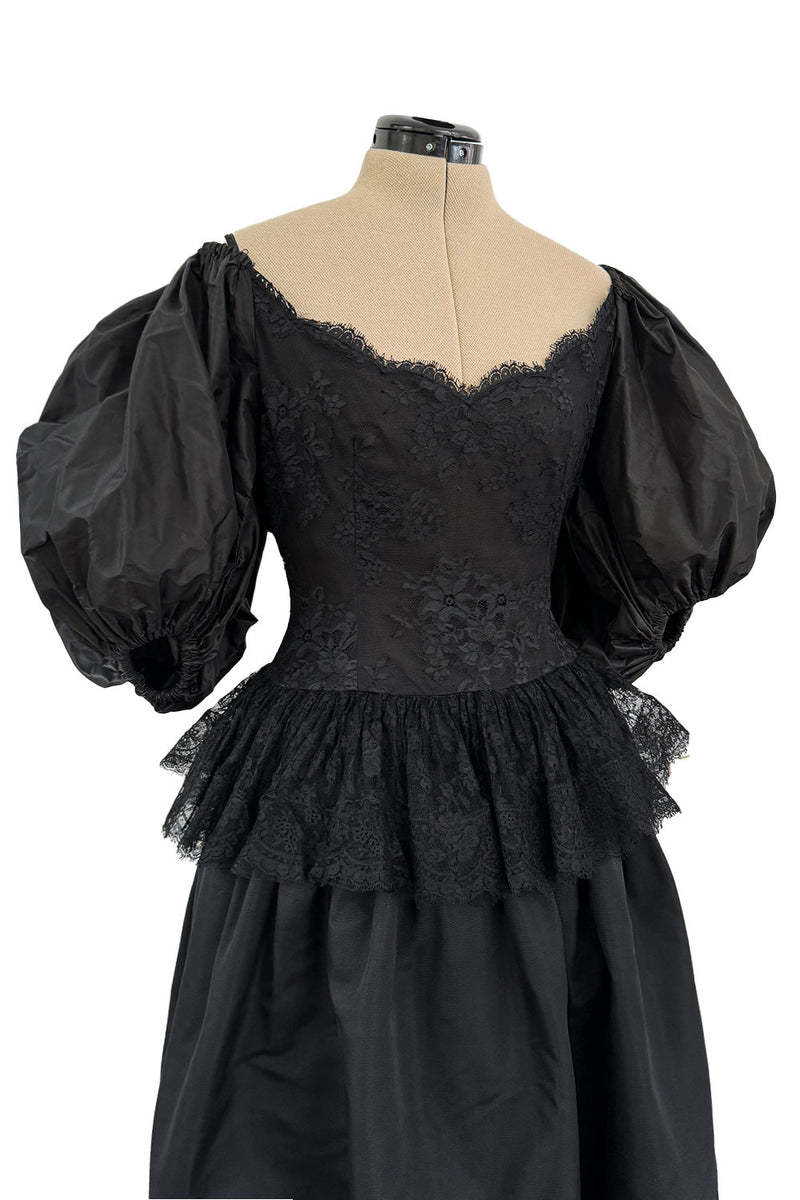 Romantic 1980s Oscar de la Renta Backless Black Silk & Lace Dress w Killer Pouf Sleeves