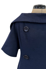 Late 1950s Christian Dior London by Marc Bohan Numbered Blue Shift Dress w Button Detailing