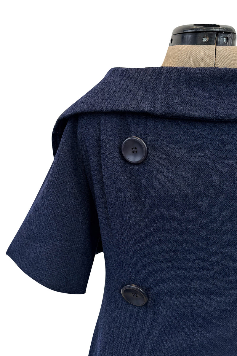 Late 1950s Christian Dior London by Marc Bohan Numbered Blue Shift Dress w Button Detailing