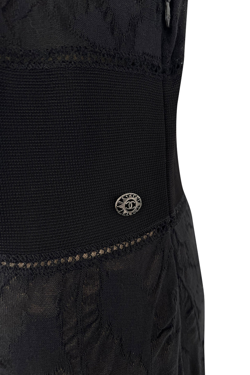 Stunning 2010s Chanel by Karl Lagerfeld Light Weight Black Floral Pattern Knit Dress w Slight Transparency