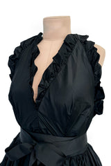 c 1970 Oscar de la Renta Black Silk Taffeta Backless Halter Neck Dress w Extensive Ruffle Detailing