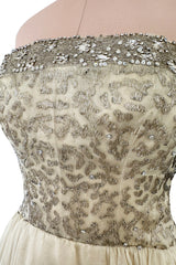 Exceptional 1959 Balenciaga Haute Couture Strapless Ivory Silk Chiffon w Metallic Embroidery